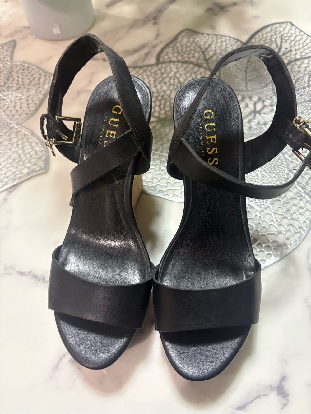 GUESS Black Strappy Ankle Buckle Block Heels